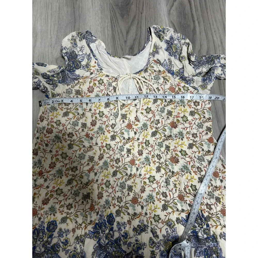 Free People Womens Floral Long Sleeve Boho Mini Dress Rayon M Cream Blue Multi